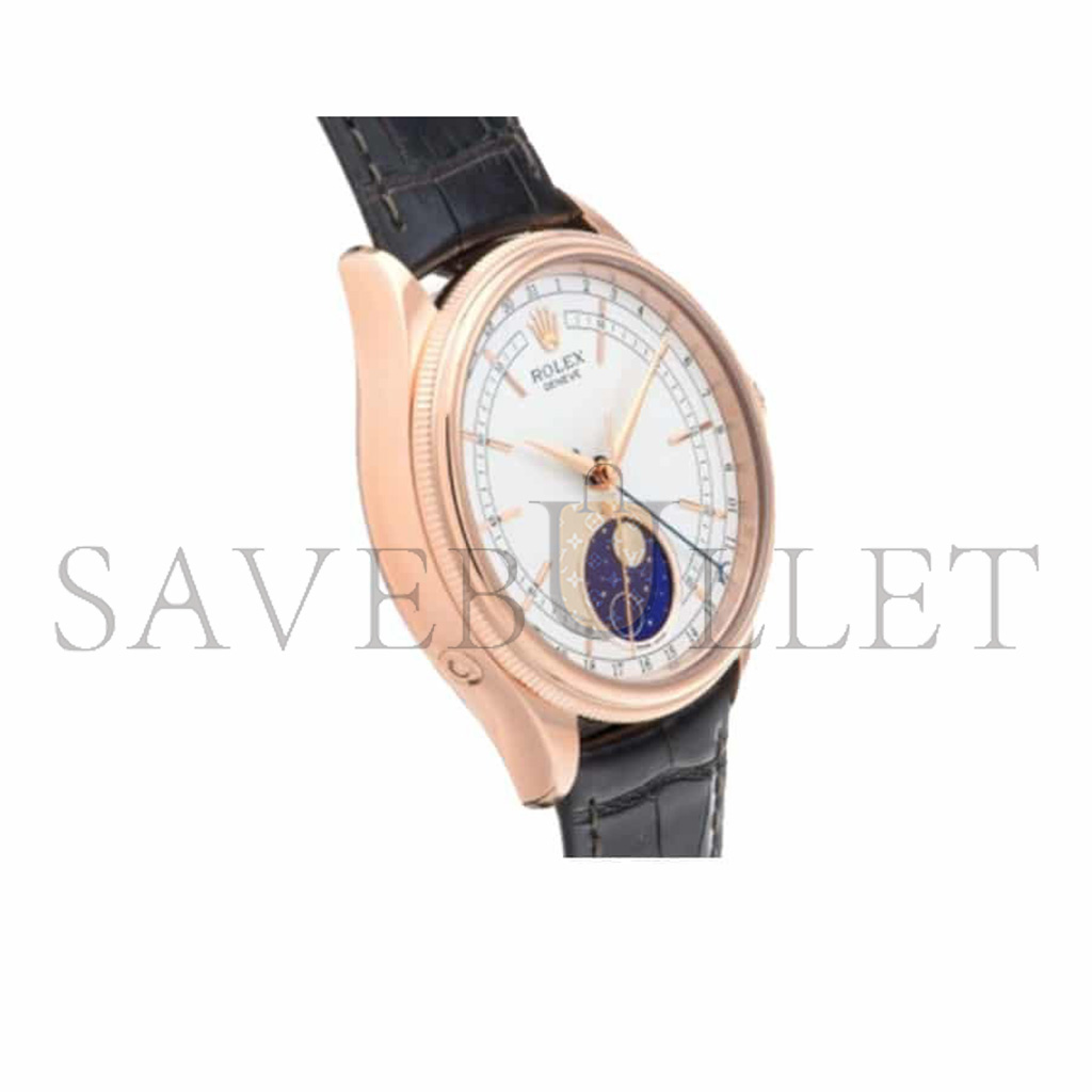 ROLEX CELLINI MOONPHASE WHITE 18K ROSE GOLD LEATHER EVEROSE WATCH 50535