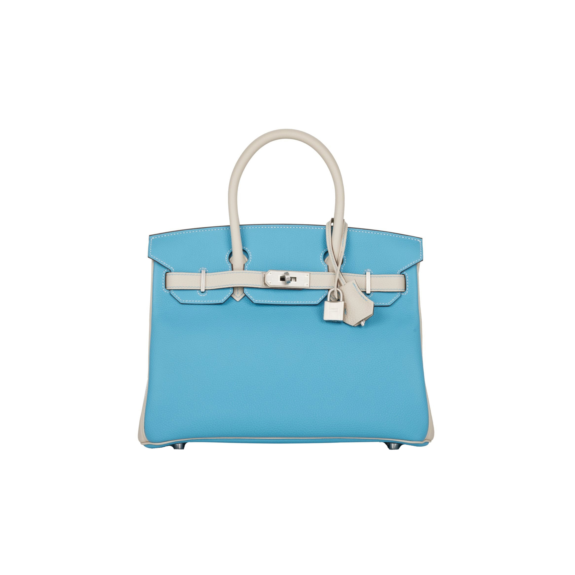 HERMES BIRKIN 25 TOGO LEATHER NORTHERN BLUE AND MILKSHAKE WHITE SILVER BUCKLE HANDBAG 2161400178398 (25*20*13cm)