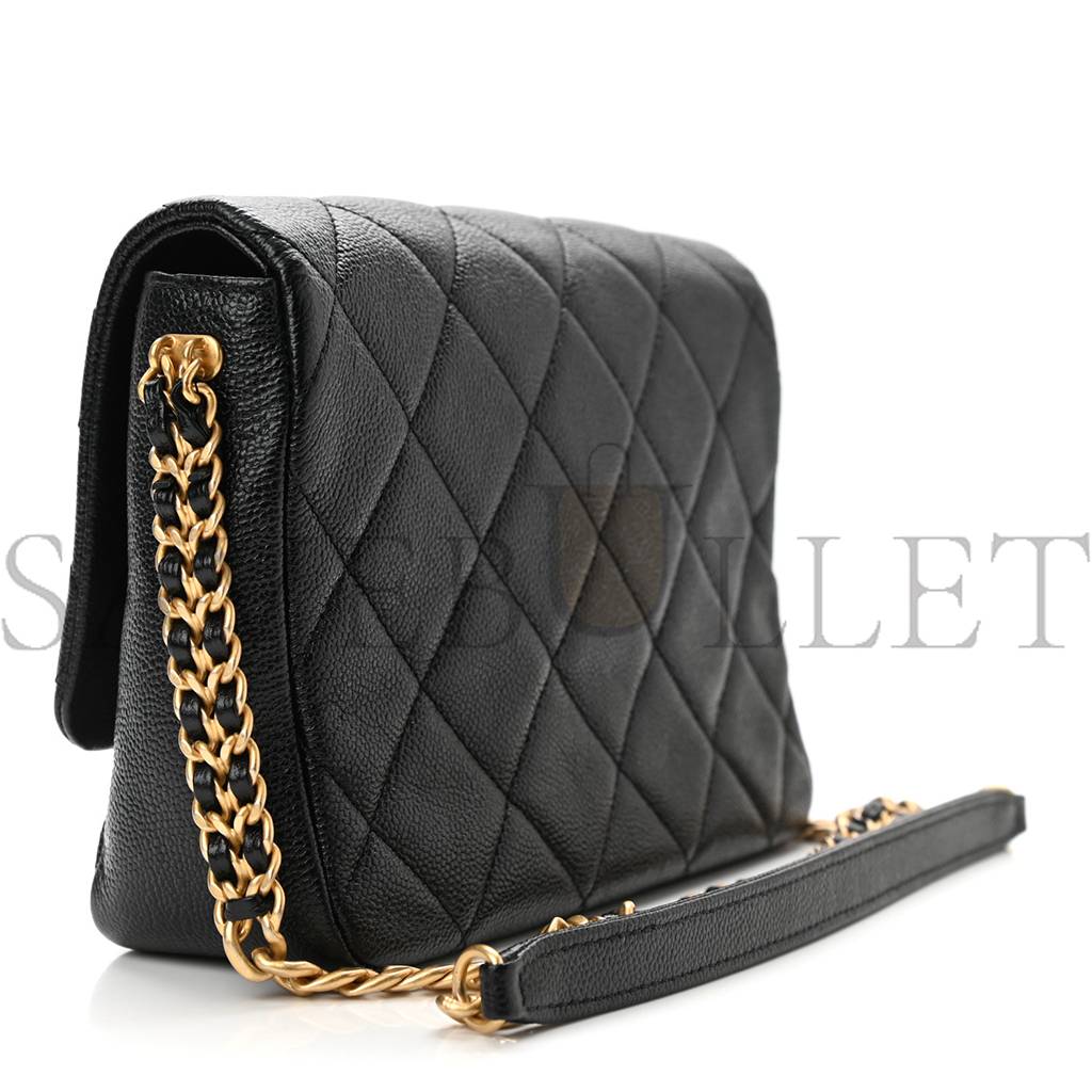 CHANEL SHINY CAVIAR QUILTED SMALL CHAIN MELODY FLAP BLACK GOLD HARDWARE (22*15*6cm)