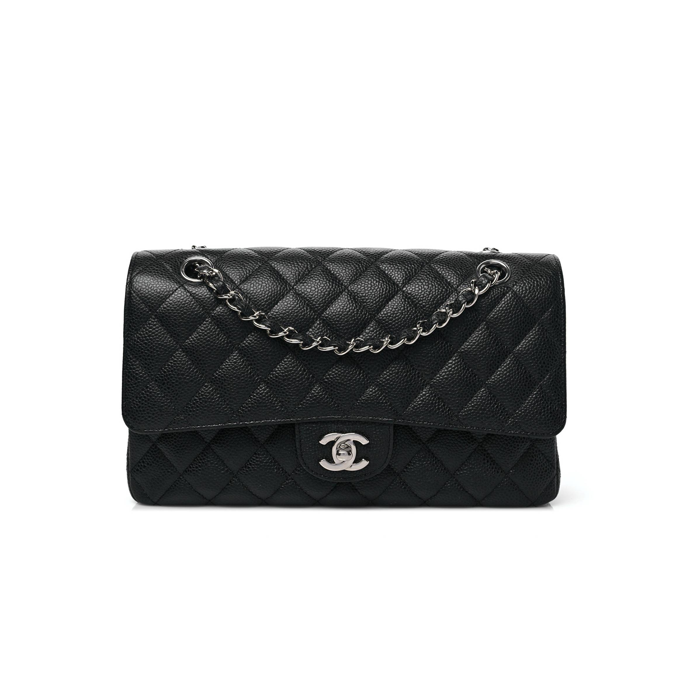 CHANEL CAVIAR QUILTED MEDIUM DOUBLE FLAP BLACK SILVER HARDWARE (25*15*6cm)