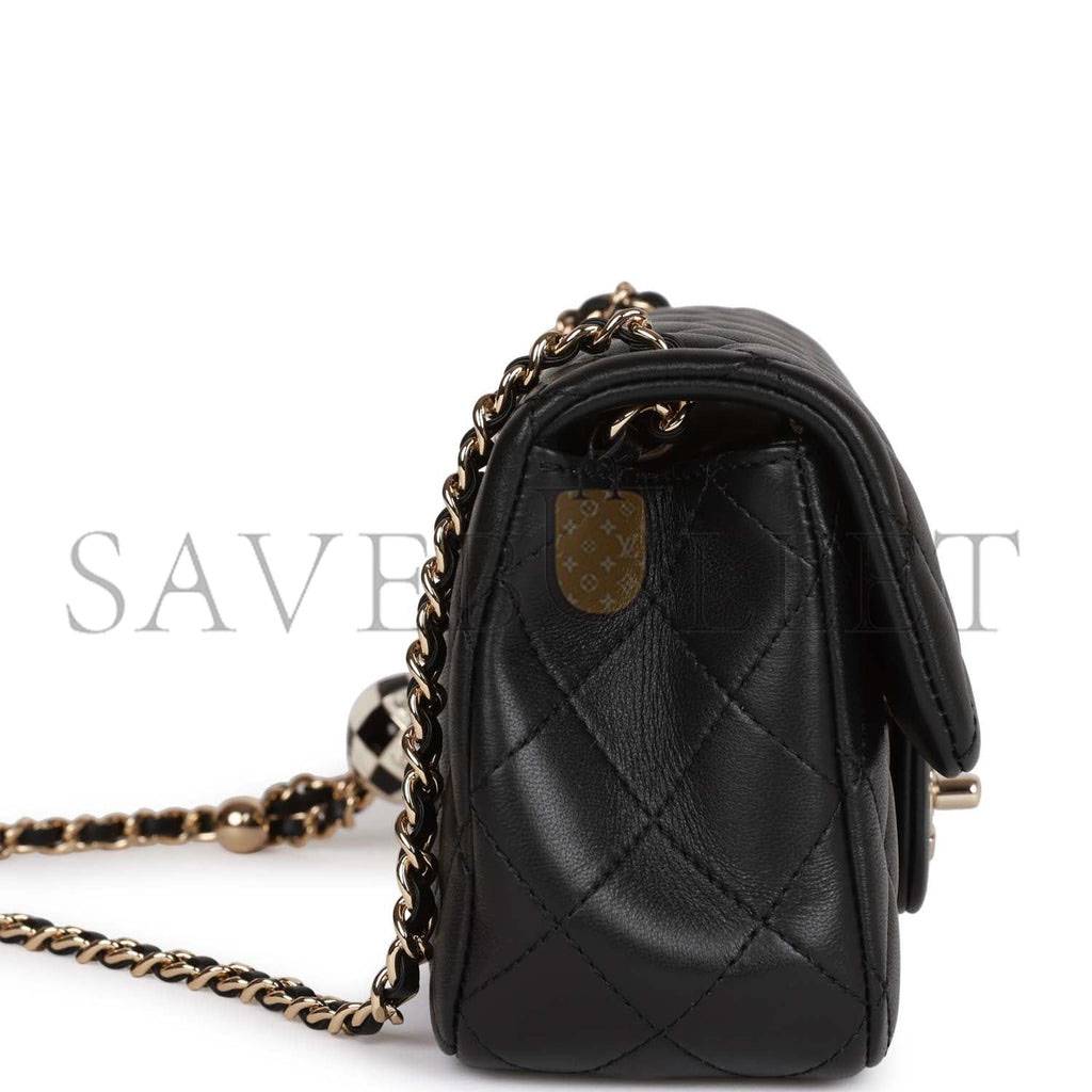 CHANEL PEARL CRUSH MINI RECTANGULAR FLAP BAG BLACK LAMBSKIN LIGHT GOLD HARDWARE (20*13*6cm)