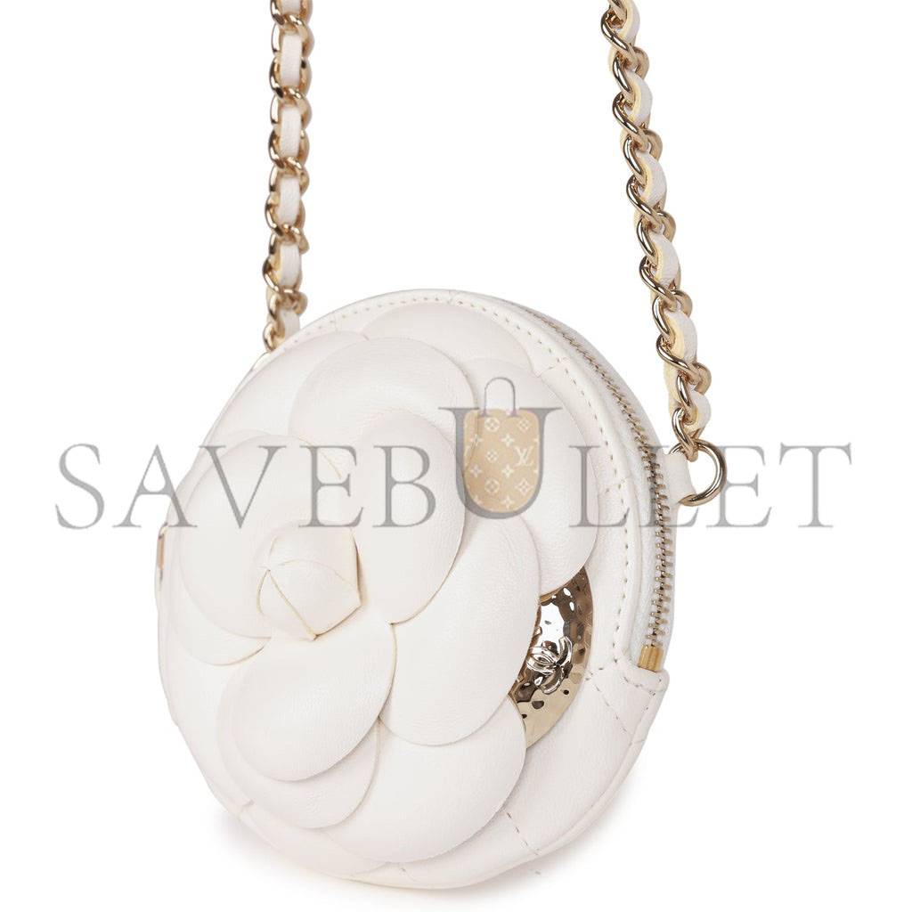 CHANEL CAMELLIA CLUTCH WITH CHAIN WHITE LAMBSKIN LIGHT GOLD HARDWARE (13*13*5cm)