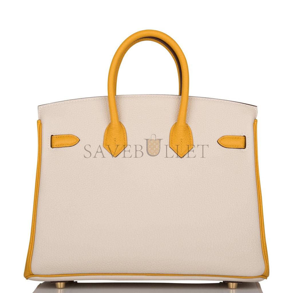 HERMES SPECIAL ORDER (HSS) BIRKIN 25 CRAIE AND JAUNE AMBRE TOGO BRUSHED GOLD HARDWARE HANDMADE (25cm)