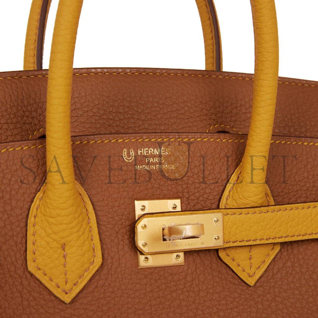 HERMES SPECIAL ORDER (HSS) BIRKIN 25 GOLD AND JAUNE AMBRE TOGO BRUSHED GOLD HARDWARE  HANDMADE(25cm)