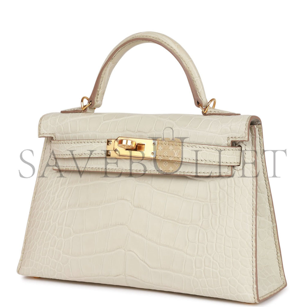 HERMES MINI KELLY SELLIER 20CM BETON MATTE ALLIGATOR GOLD HARDWARE (19*12*5.5cm)