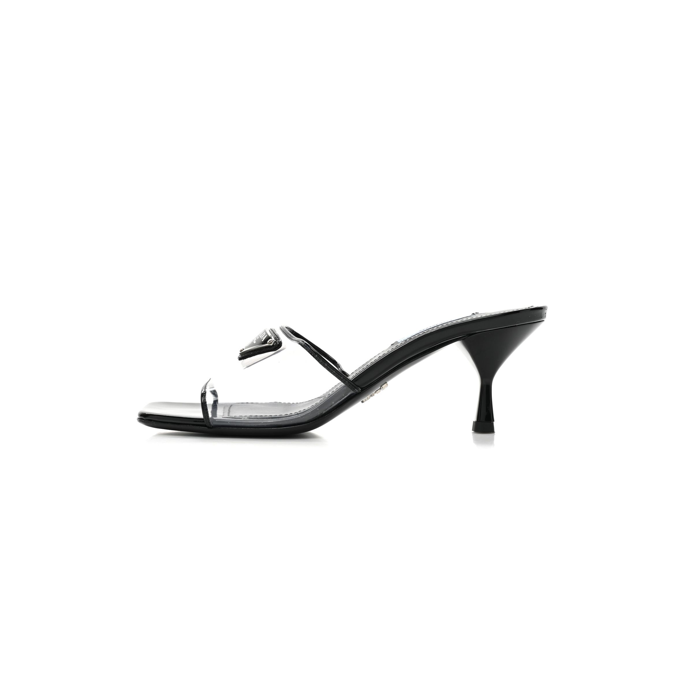 PRADA PLEXIGLASS VERNICE METAL TRIANGLE LOGO 65MM SLIDE SANDALS 36.5 BLACK