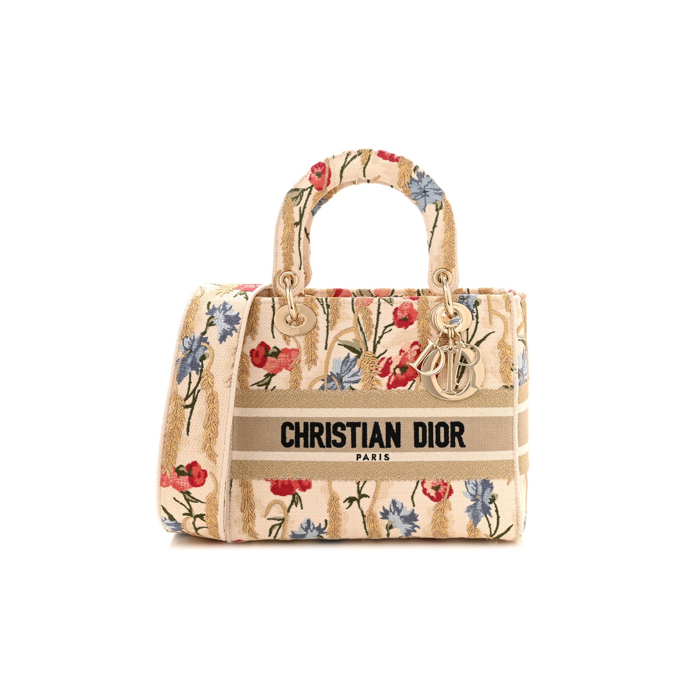 DIOR CANVAS EMBROIDERED HIBISCUS PRINTED MEDIUM LADY D-LITE BEIGE MULTICOLOR (23*20*11.4cm)