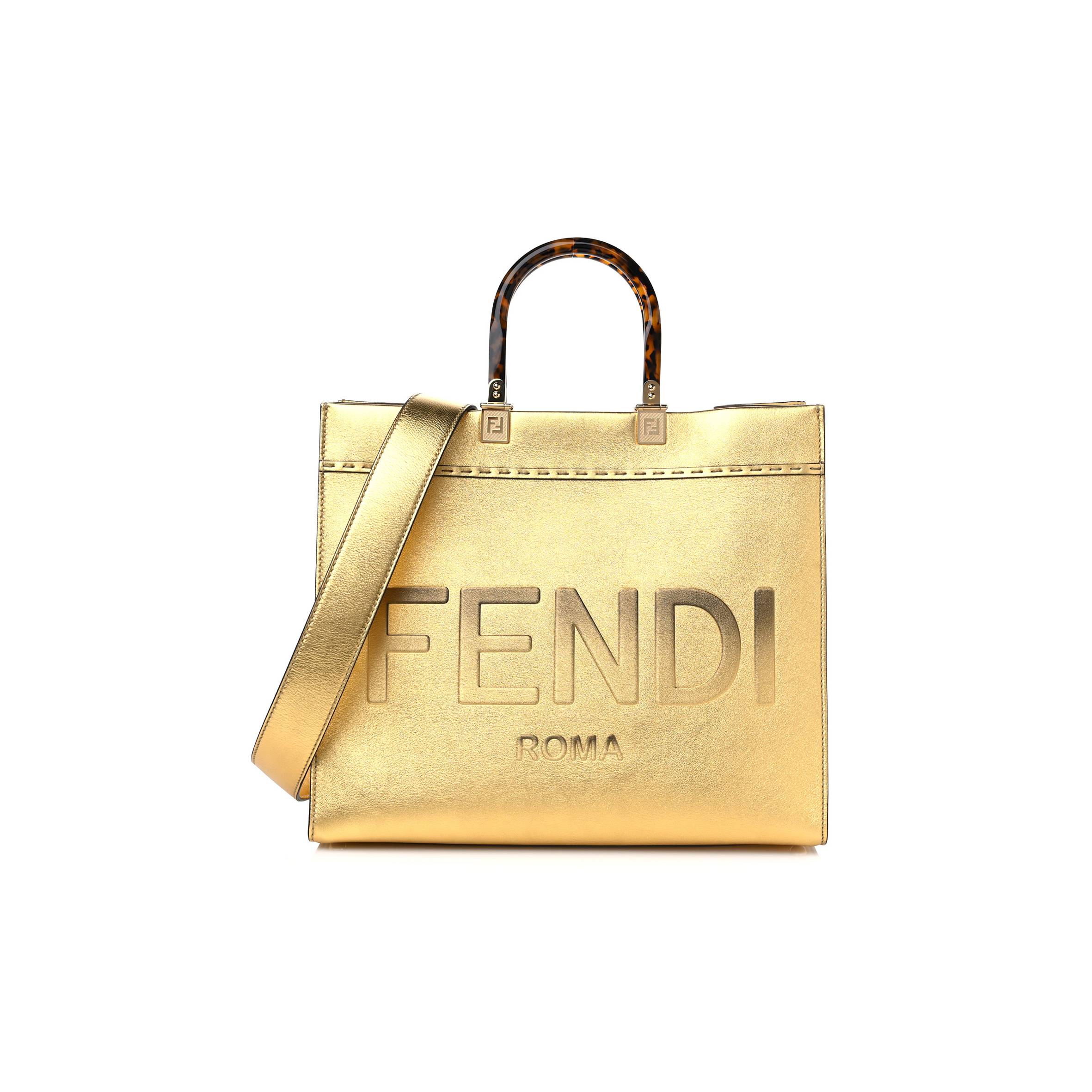 FENDI VITELLO CATALAN MIRROR PLEXIGLASS LOGO EMBOSSED MEDIUM FENDI SUNSHINE SHOPPER TOTE GOLD (36*30*14cm)